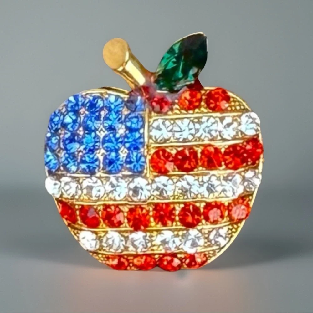 Goldtone, American flag red white blue crystal accent, apple brooch